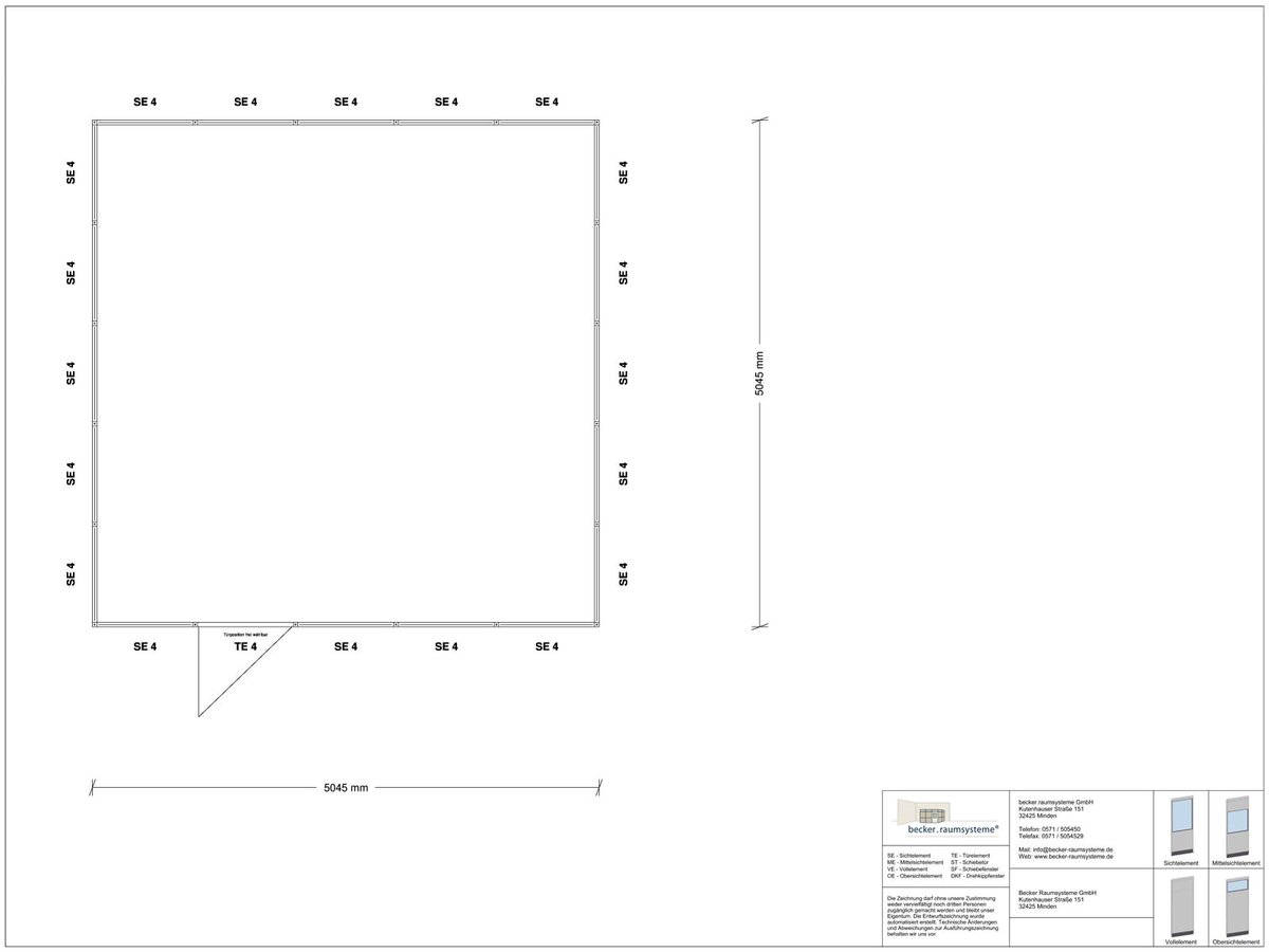 Zeichnung für Hallenbüro 4-seitig 5,00 x 5,00 m System RS 45 von Becker Raumsysteme - Artikel HB4-5050