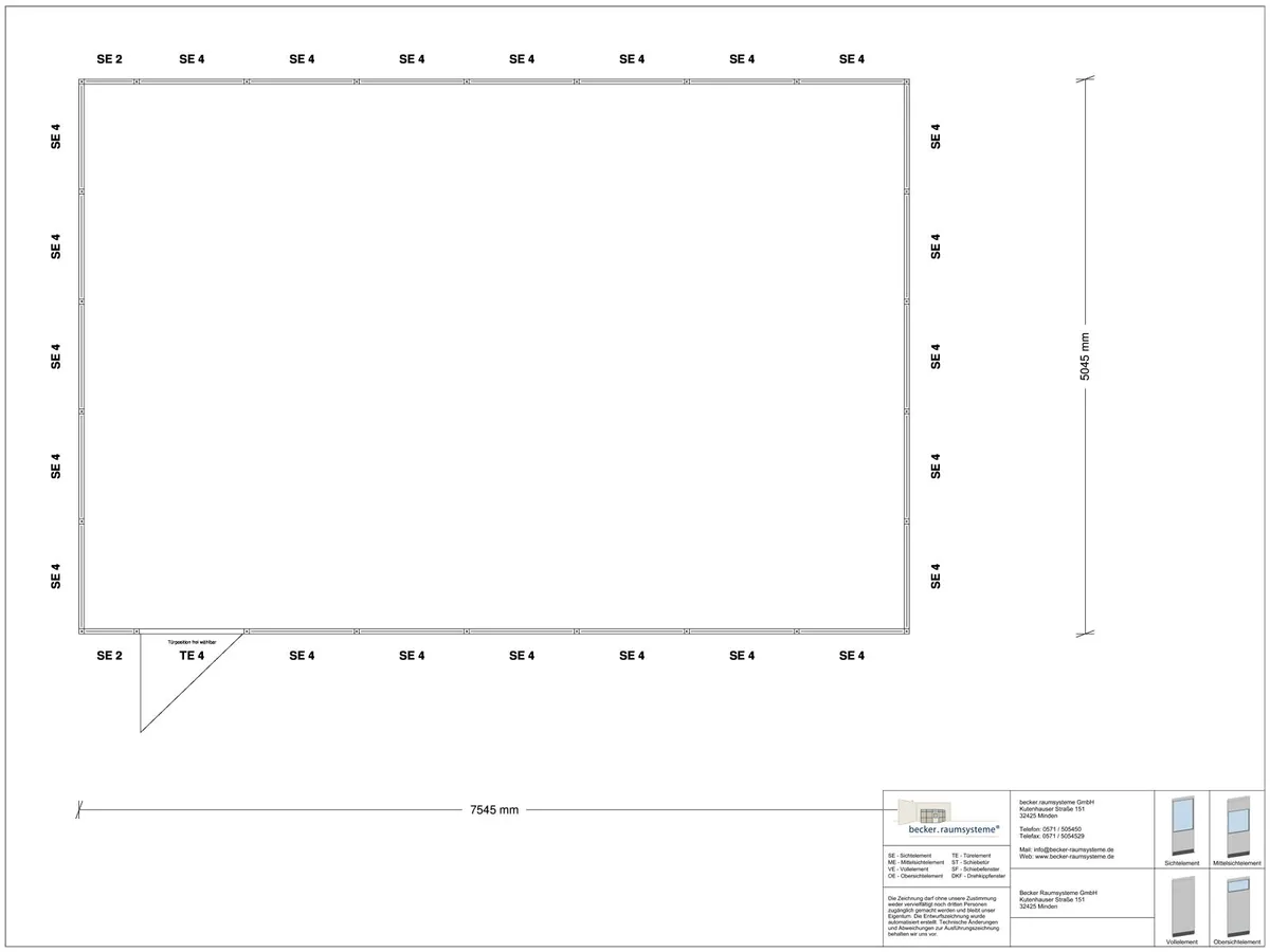 Zeichnung für Stellwand 4-seitig 7,50 x 5,00 m System RS 45 von Becker Raumsysteme - Artikel SW4-7550