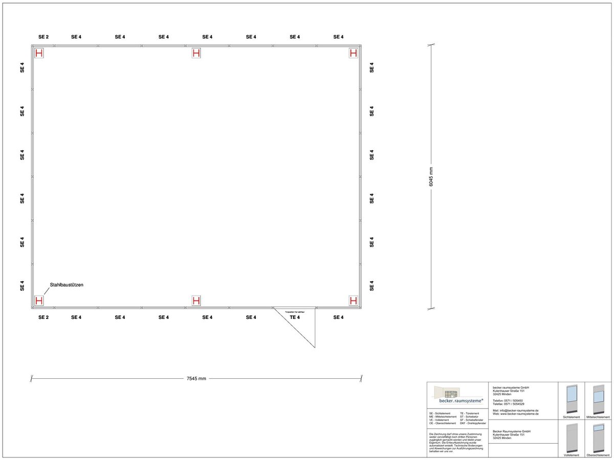 Zeichnung für Hallenbüro als Doppelstock 4-seitig 7,50 x 6,00 m System RS 45 von Becker Raumsysteme - Artikel HD4-7560