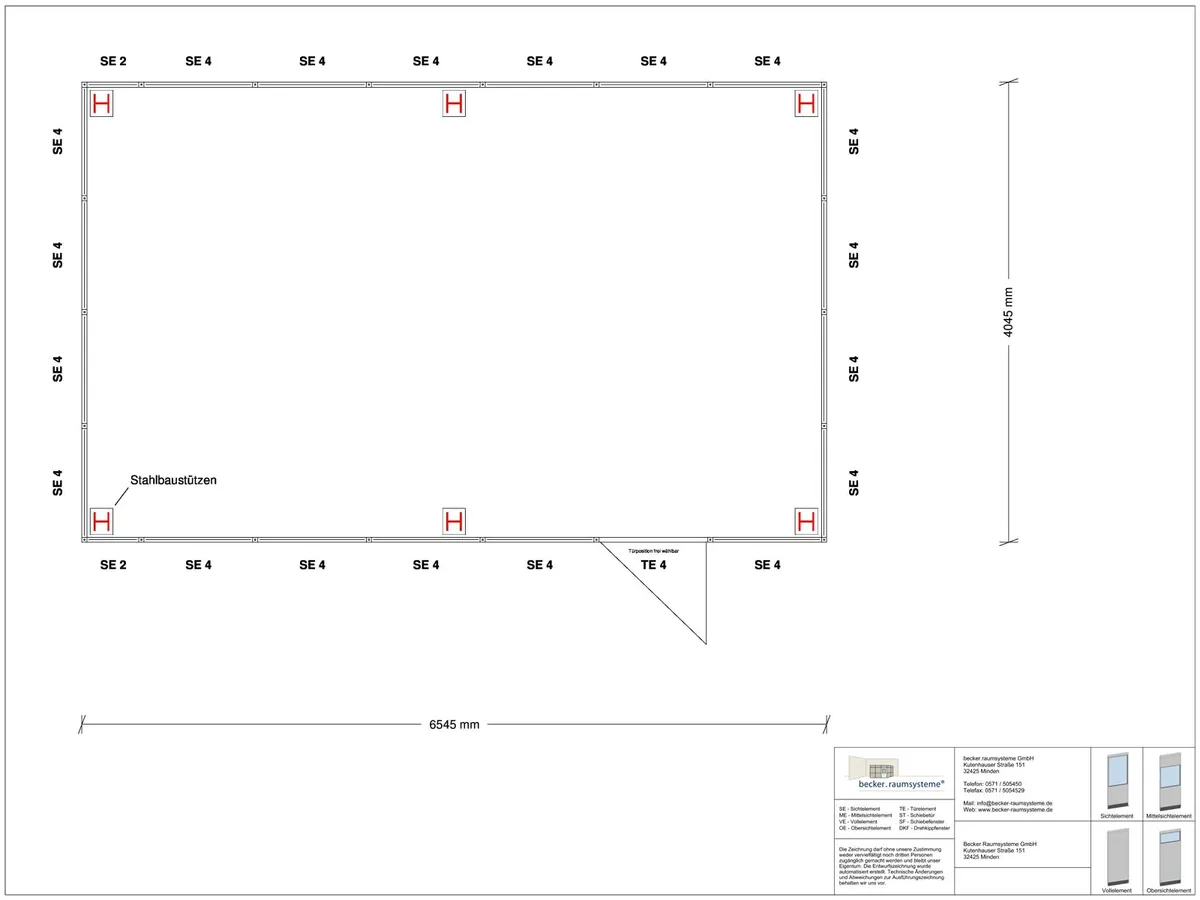 Zeichnung für Hallenbüro als Doppelstock 4-seitig 6,50 x 4,00 m System RS 45 von Becker Raumsysteme - Artikel HD4-6540