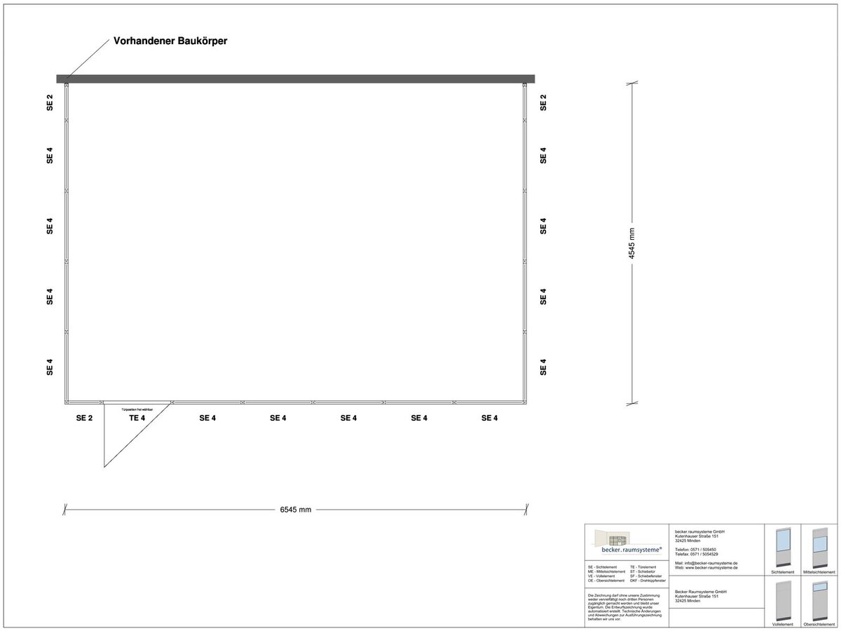 Zeichnung für Hallenbüro 3-seitig 6,50 x 4,50 m System RS 45 von Becker Raumsysteme - Artikel HB3-6545