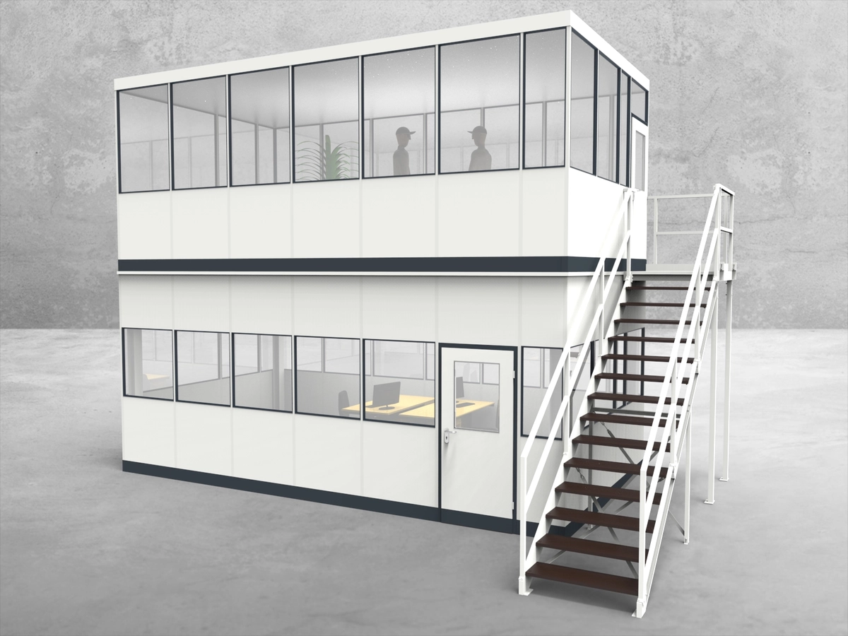 Aussenansicht für Hallenbüro als Doppelstock 4-seitig 6,50 x 3,50 m System RS 45 von Becker Raumsysteme - Artikel HD4-6535