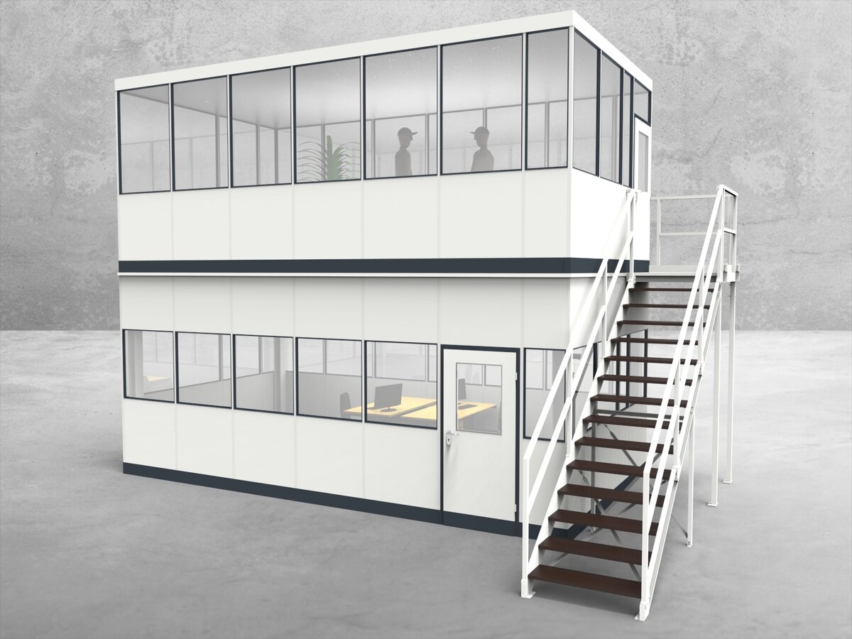 Aussenansicht für Hallenbüro als Doppelstock 4-seitig 6,50 x 3,50 m System RS 45 von Becker Raumsysteme - Artikel HD4-6535