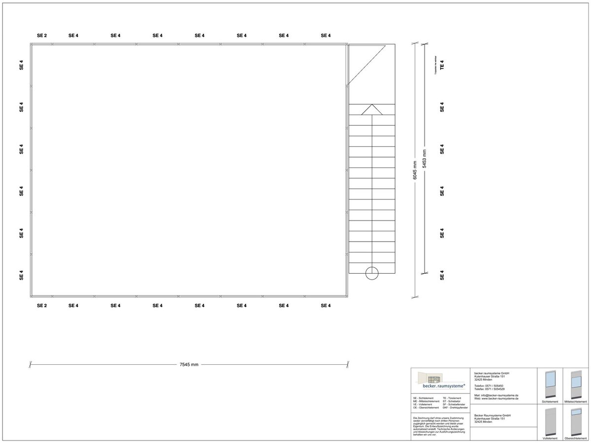 Zeichnung für Hallenbüro als Doppelstock 4-seitig 7,50 x 6,00 m System RS 45 von Becker Raumsysteme - Artikel HD4-7560