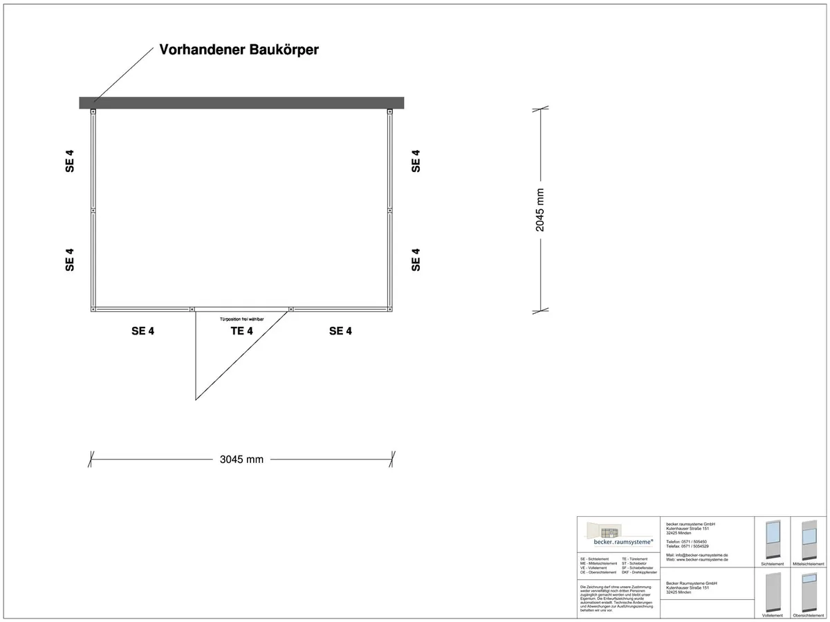 Zeichnung für Hallenbüro 3-seitig 3,00 x 2,00 m System RS 45 von Becker Raumsysteme - Artikel HB3-3020