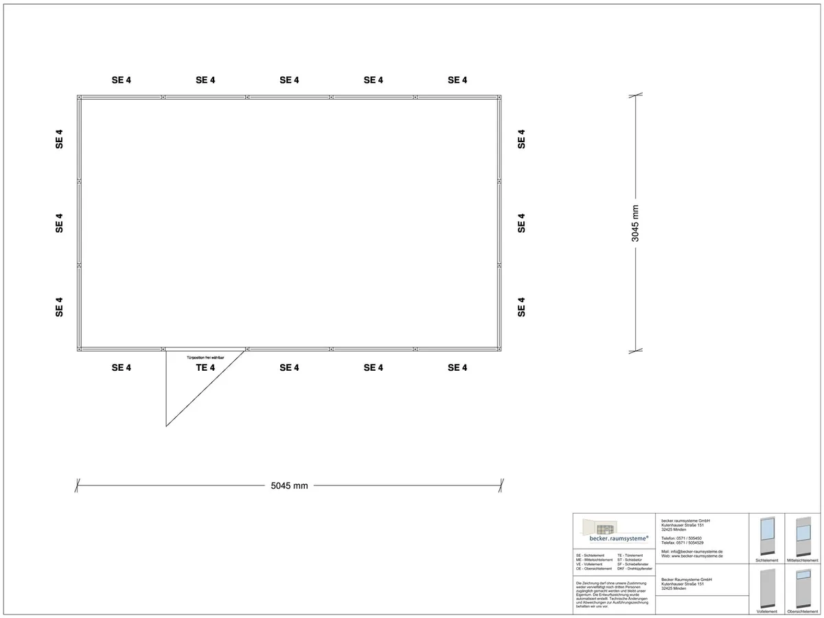 Zeichnung für Hallenbüro 4-seitig 5,00 x 3,00 m System RS 45 von Becker Raumsysteme - Artikel HB4-5030