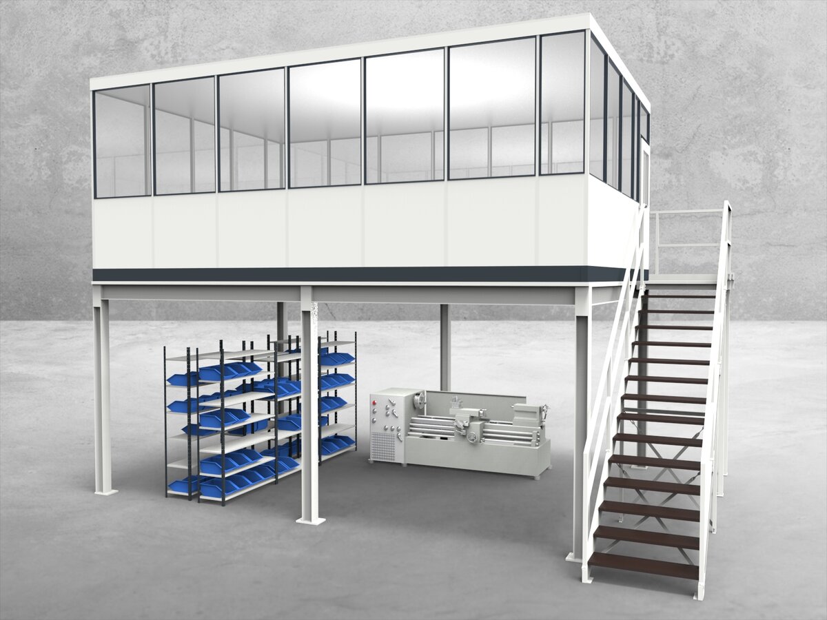 Aussenansicht für Hallenbüro auf Stahlbau 4-seitig 6,50 x 4,50 m System RS 45 von Becker Raumsysteme - Artikel HS4-6545