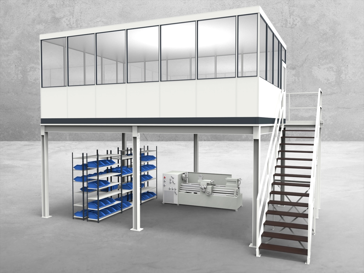 Aussenansicht für Hallenbüro auf Stahlbau 4-seitig 6,50 x 4,50 m System RS 45 von Becker Raumsysteme - Artikel HS4-6545