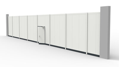 Hohe Stellwand zwischen Betonsäulen und einem Türelement Hohe Stellwand mit Stützrohren zwischen Betonsäulen und einer Tür