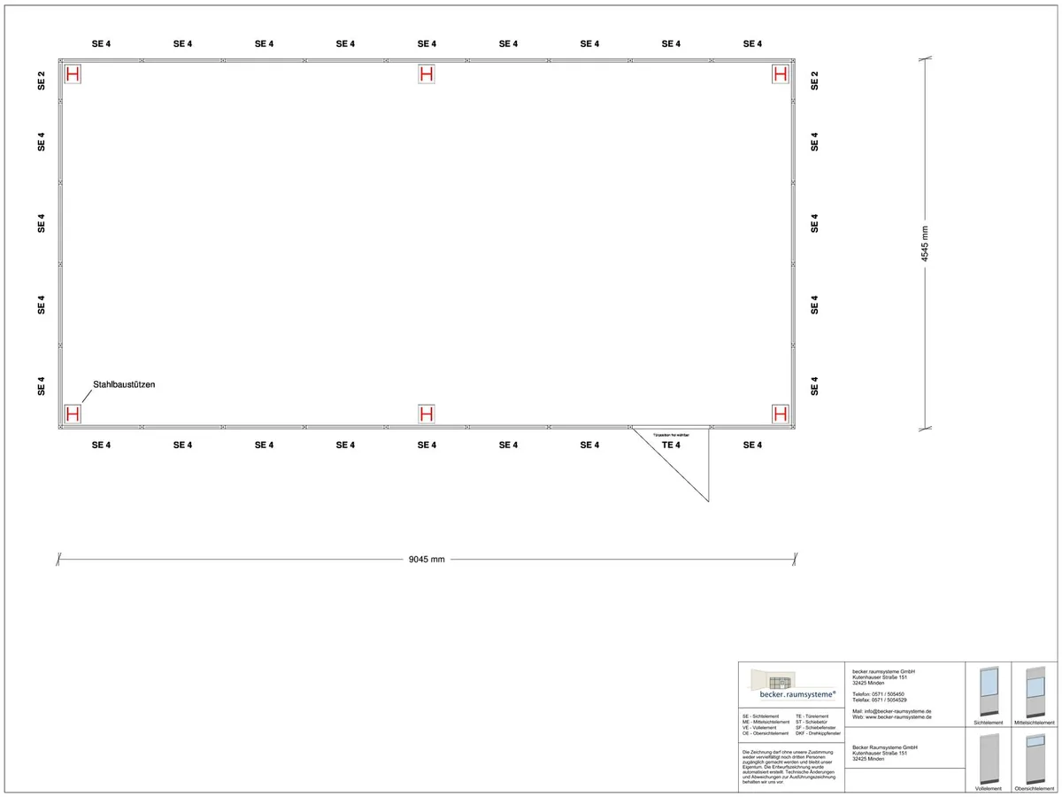 Zeichnung für Hallenbüro als Doppelstock 4-seitig 9,00 x 4,50 m System RS 45 von Becker Raumsysteme - Artikel HD4-9045