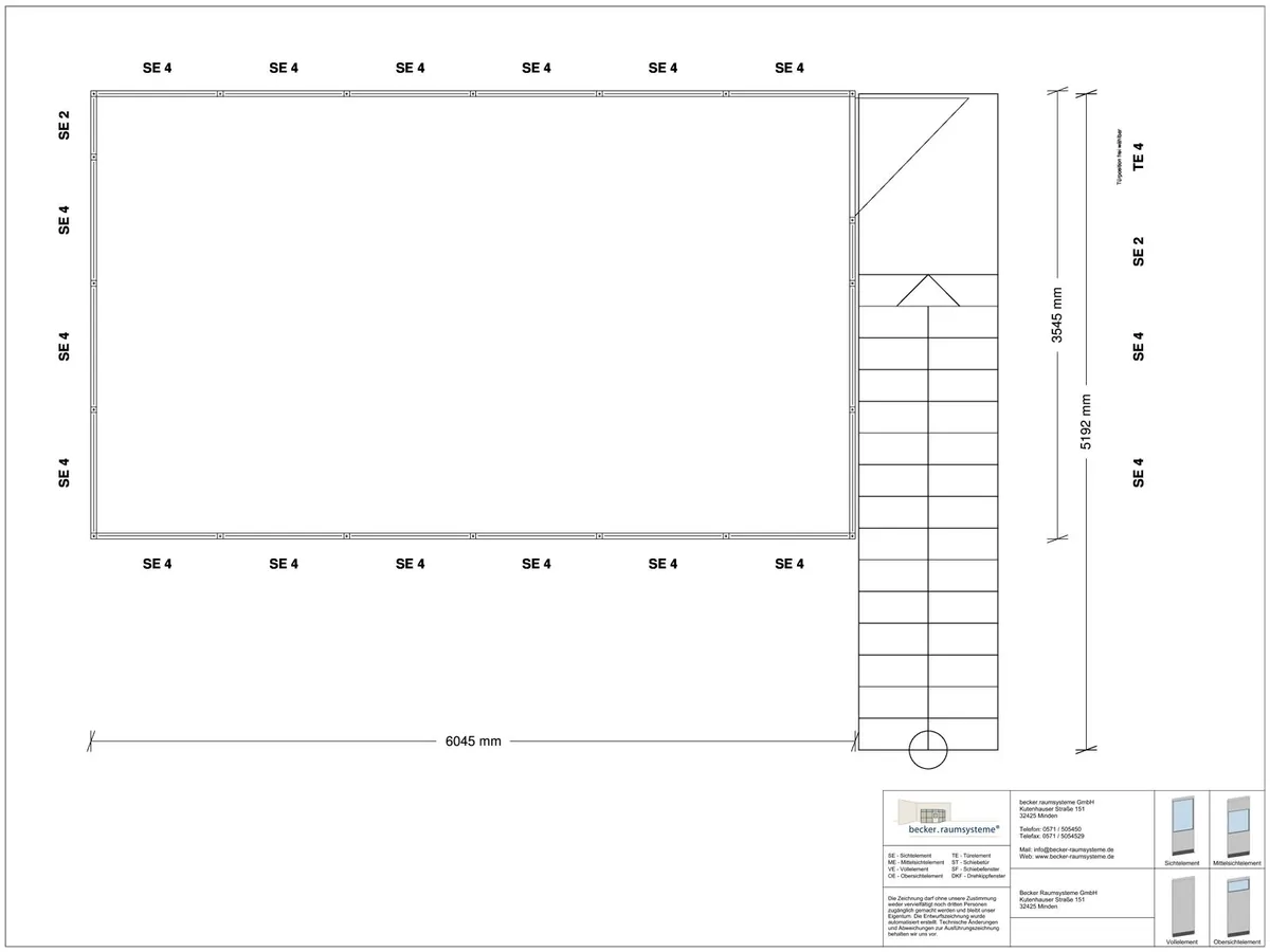 Zeichnung für Hallenbüro auf Stahlbau 4-seitig 6,00 x 3,50 m System RS 45 von Becker Raumsysteme - Artikel HS4-6035