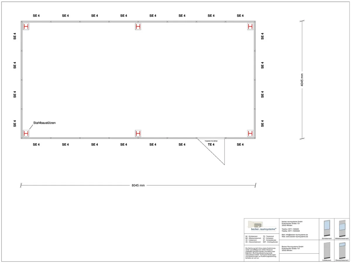 Zeichnung für Hallenbüro als Doppelstock 4-seitig 6,00 x 4,00 m System RS 45 von Becker Raumsysteme - Artikel HD4-6040