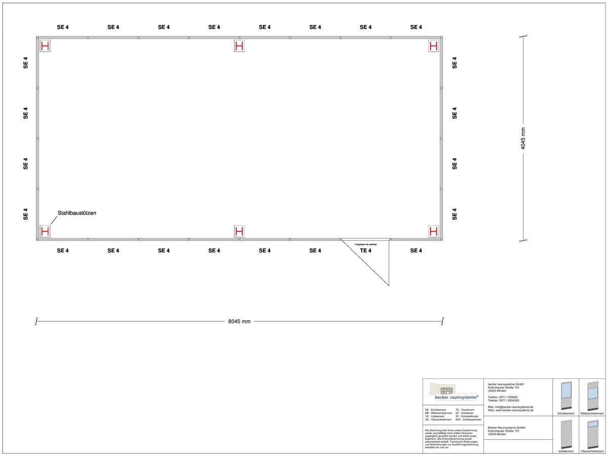 Zeichnung für Hallenbüro als Doppelstock 4-seitig 6,00 x 4,00 m System RS 45 von Becker Raumsysteme - Artikel HD4-6040