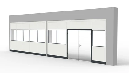 Systemtrennwand zwischen Betonsäulen und Deckenabschluss Systemtrennwand zwischen Betonsäulen und Deckenabschluss mit einer Glastür als Sonderlösung