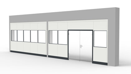 Systemtrennwand zwischen Betonsäulen und Deckenabschluss Systemtrennwand zwischen Betonsäulen und Deckenabschluss mit einer Glastür als Sonderlösung