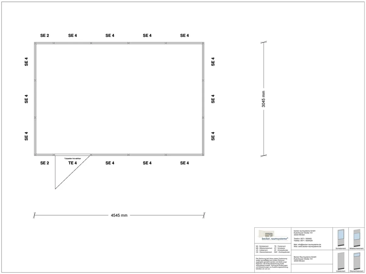 Zeichnung für Hallenbüro 4-seitig 4,50 x 3,00 m System RS 45 von Becker Raumsysteme - Artikel HB4-4530