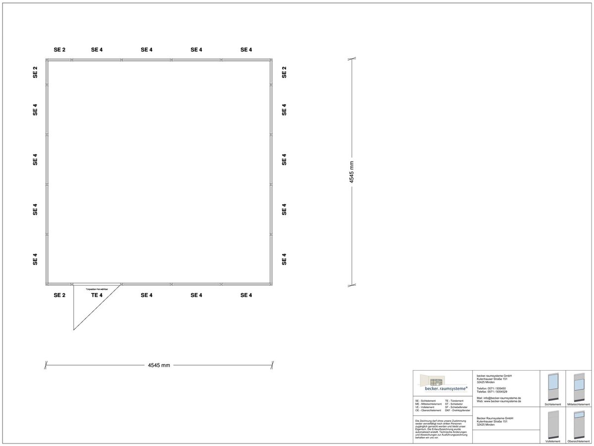 Zeichnung für Hallenbüro 4-seitig 4,50 x 4,50 m System RS 45 von Becker Raumsysteme - Artikel HB4-4545
