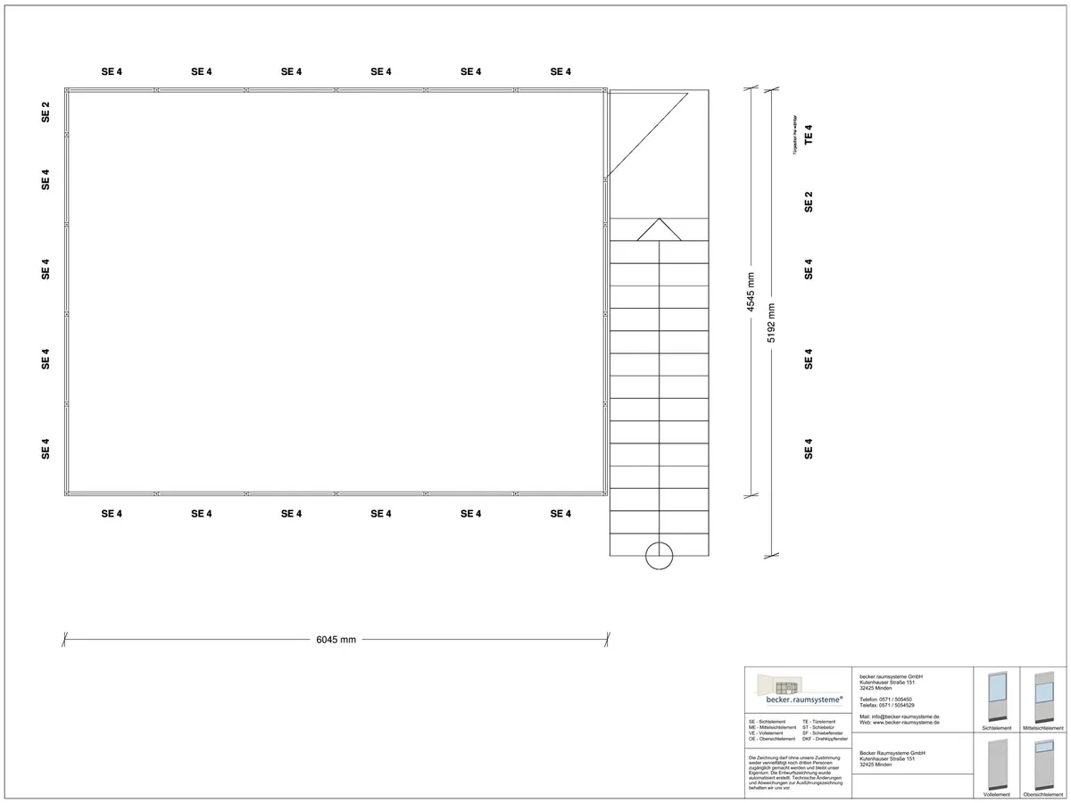 Zeichnung für Hallenbüro als Doppelstock 4-seitig 6,00 x 4,50 m System RS 45 von Becker Raumsysteme - Artikel HD4-6045