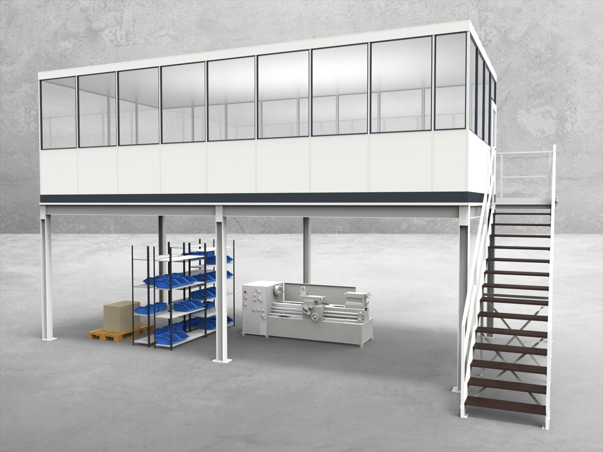Aussenansicht für Hallenbüro auf Stahlbau 4-seitig 8,50 x 4,00 m System RS 45 von Becker Raumsysteme - Artikel HS4-8540