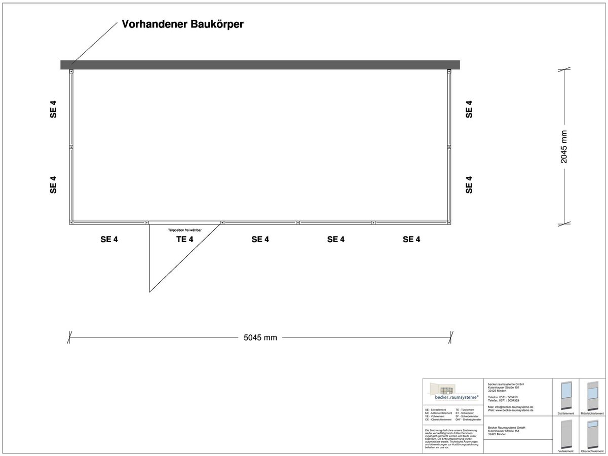 Zeichnung für Hallenbüro 3-seitig 5,00 x 2,00 m System RS 45 von Becker Raumsysteme - Artikel HB3-5020