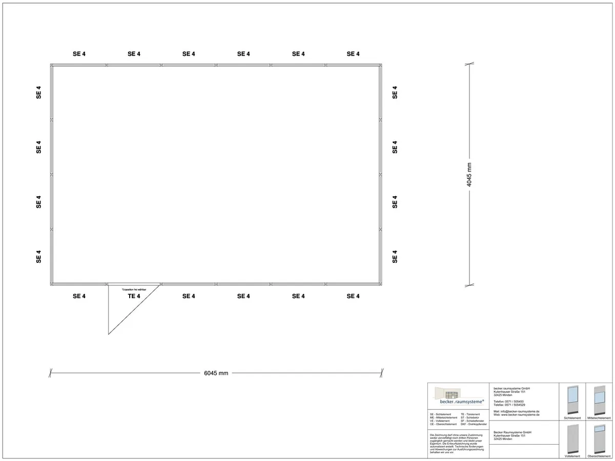 Zeichnung für Hallenbüro 4-seitig 6,00 x 4,00 m System RS 45 von Becker Raumsysteme - Artikel HB4-6040