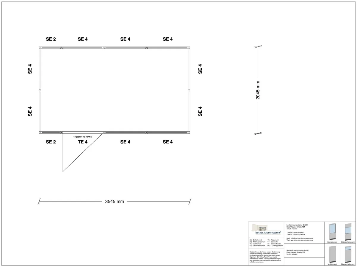 Zeichnung für Hallenbüro 4-seitig 3,50 x 2,00 m System RS 45 von Becker Raumsysteme - Artikel HB4-3520