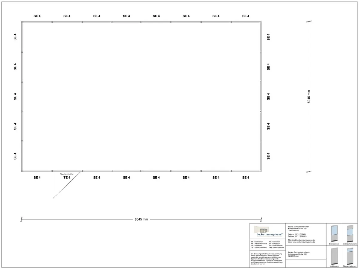 Zeichnung für Stellwand 4-seitig 8,00 x 5,00 m System RS 45 von Becker Raumsysteme - Artikel SW4-8050