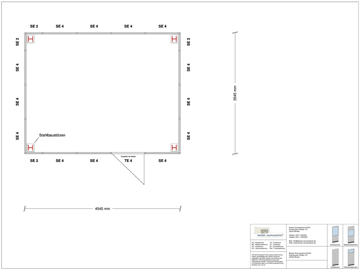 Zeichnung für Hallenbüro als Doppelstock 4-seitig 4,50 x 3,50 m System RS 45 von Becker Raumsysteme - Artikel HD4-4535