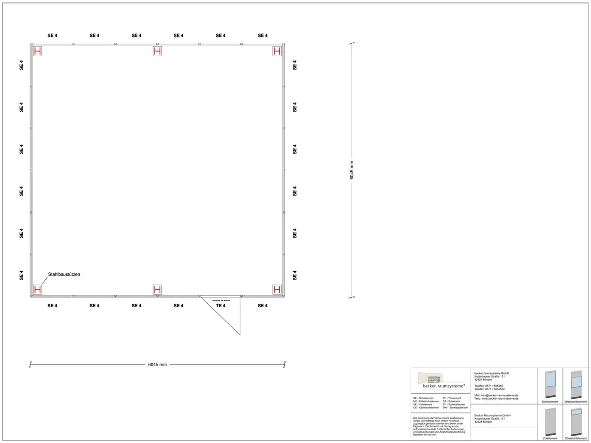 Zeichnung für Hallenbüro als Doppelstock 4-seitig 6,00 x 6,00 m System RS 45 von Becker Raumsysteme - Artikel HD4-6060