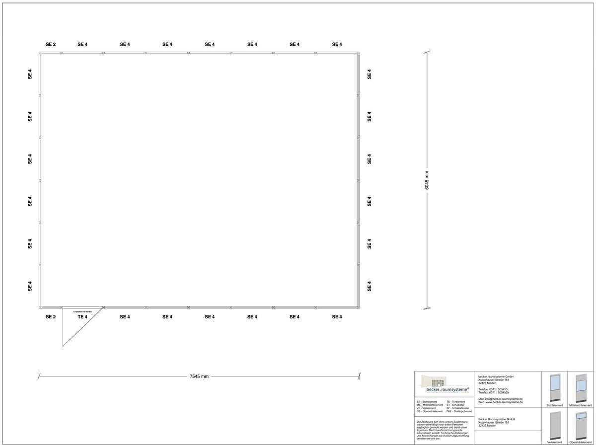 Zeichnung für Hallenbüro 4-seitig 7,50 x 6,00 m System RS 45 von Becker Raumsysteme - Artikel HB4-7560