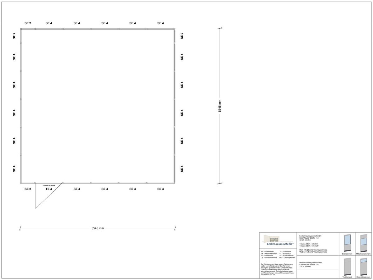 Zeichnung für Stellwand 4-seitig 5,50 x 5,50 m System RS 45 von Becker Raumsysteme - Artikel SW4-5555