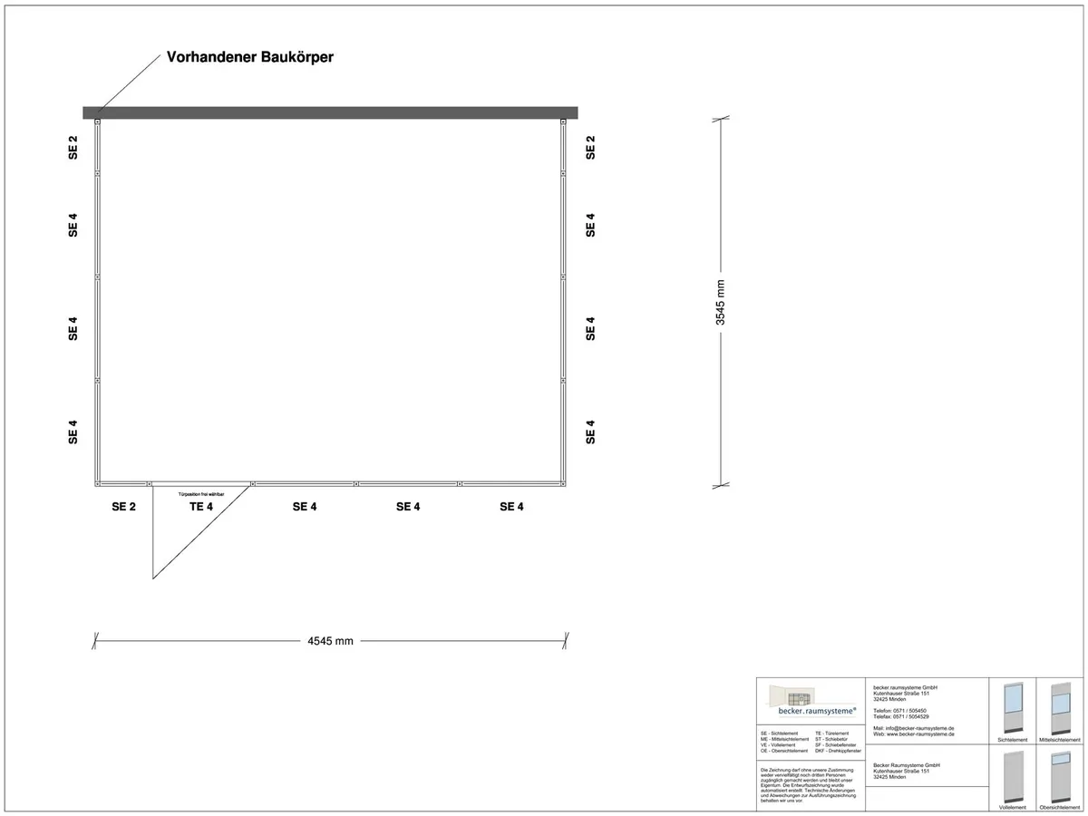 Zeichnung für Hallenbüro 3-seitig 4,50 x 3,50 m System RS 45 von Becker Raumsysteme - Artikel HB3-4535