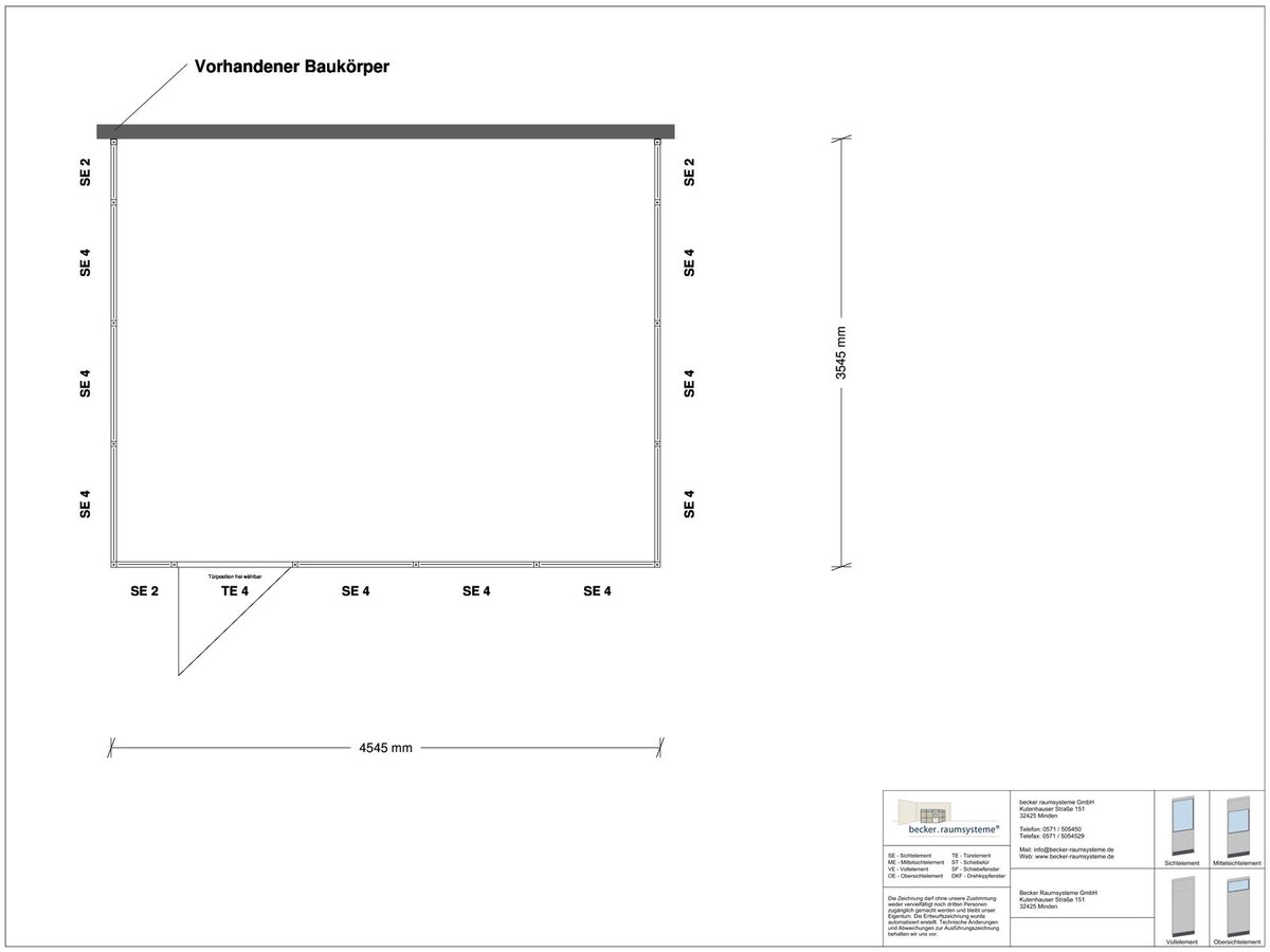 Zeichnung für Hallenbüro 3-seitig 4,50 x 3,50 m System RS 45 von Becker Raumsysteme - Artikel HB3-4535