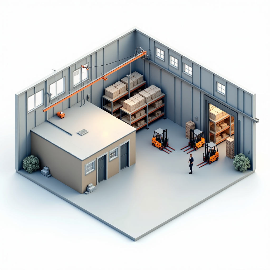 Einsatzmöglichkeiten von modularen Raumsystemen in einer Industriehalle Clipart von Einsatzmöglichkeiten von modularen Raumsystemen und Hallenbüros in der Industrie