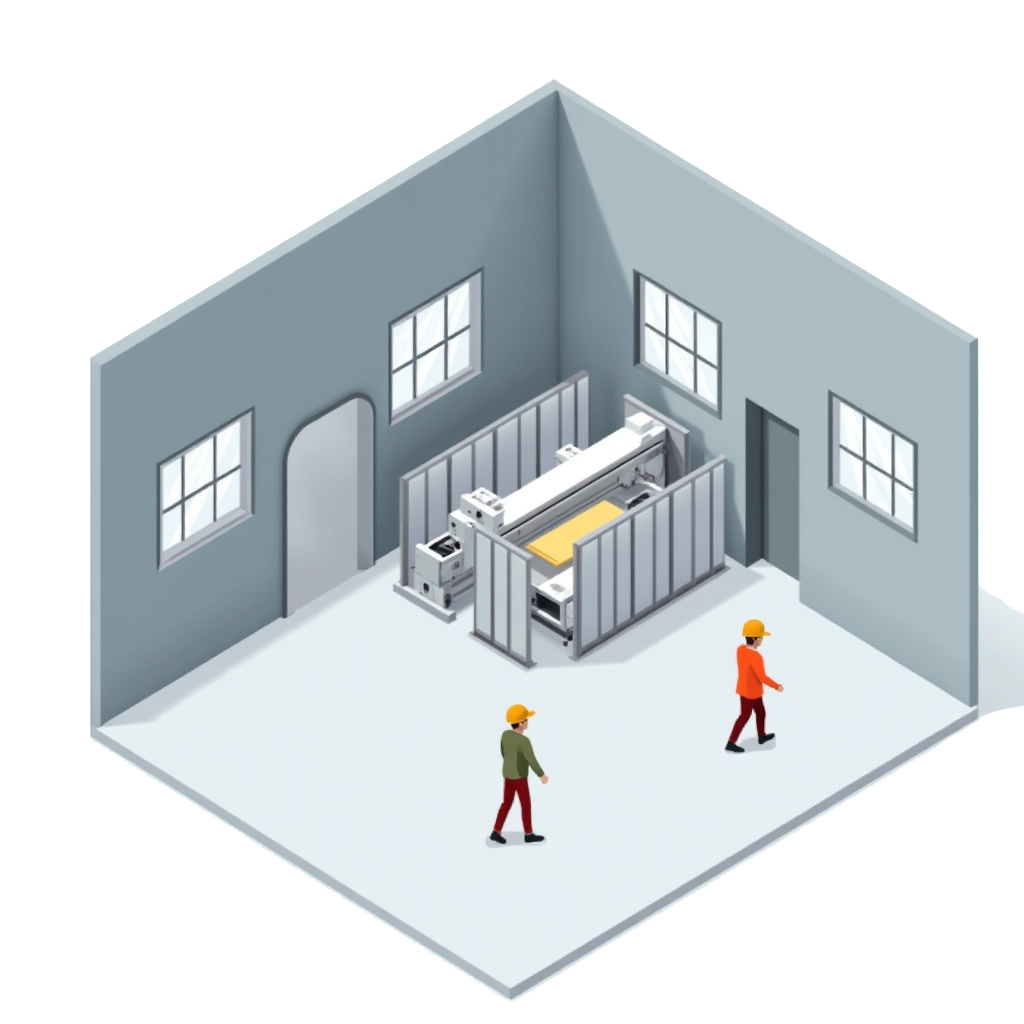 Darstellung eines Trennwandsystems als Maschineneinhausung in der Produktionshalle Darstellung eines Trennwandsystems als Maschineneinhausung in der Produktionshalle